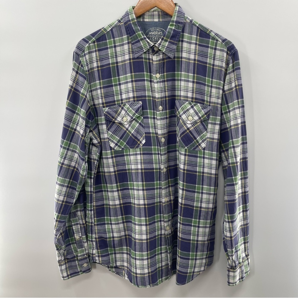 J. Crew Indian Madras Normcore Blue Green Plaid Button Up Grandpa Shirt Large